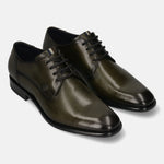 Men's Bugatti derby green leather shoes with a pointed toe and plain toe featuring a stacked heel , a leather outsole , and laces fastening.