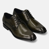 Men's Bugatti derby green leather shoes with a pointed toe and plain toe featuring a stacked heel , a leather outsole , and laces fastening.