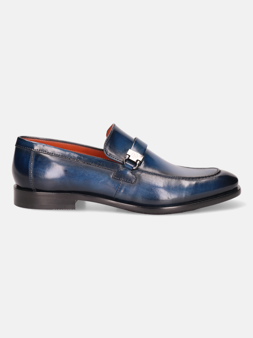 Blue leather penny loafer by bugatti with a silver-toned metal accent.