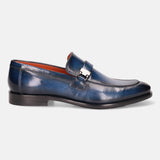Blue leather penny loafer by bugatti with a silver-toned metal accent.
