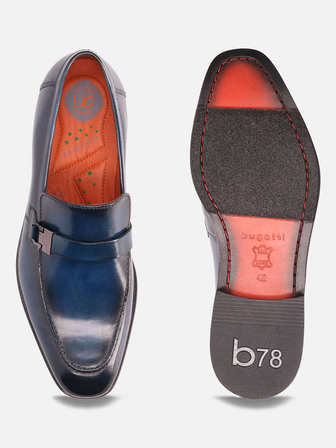 Blue leather penny loafers by Bugatti, shown with orange insole and brand name embossed on the sole.