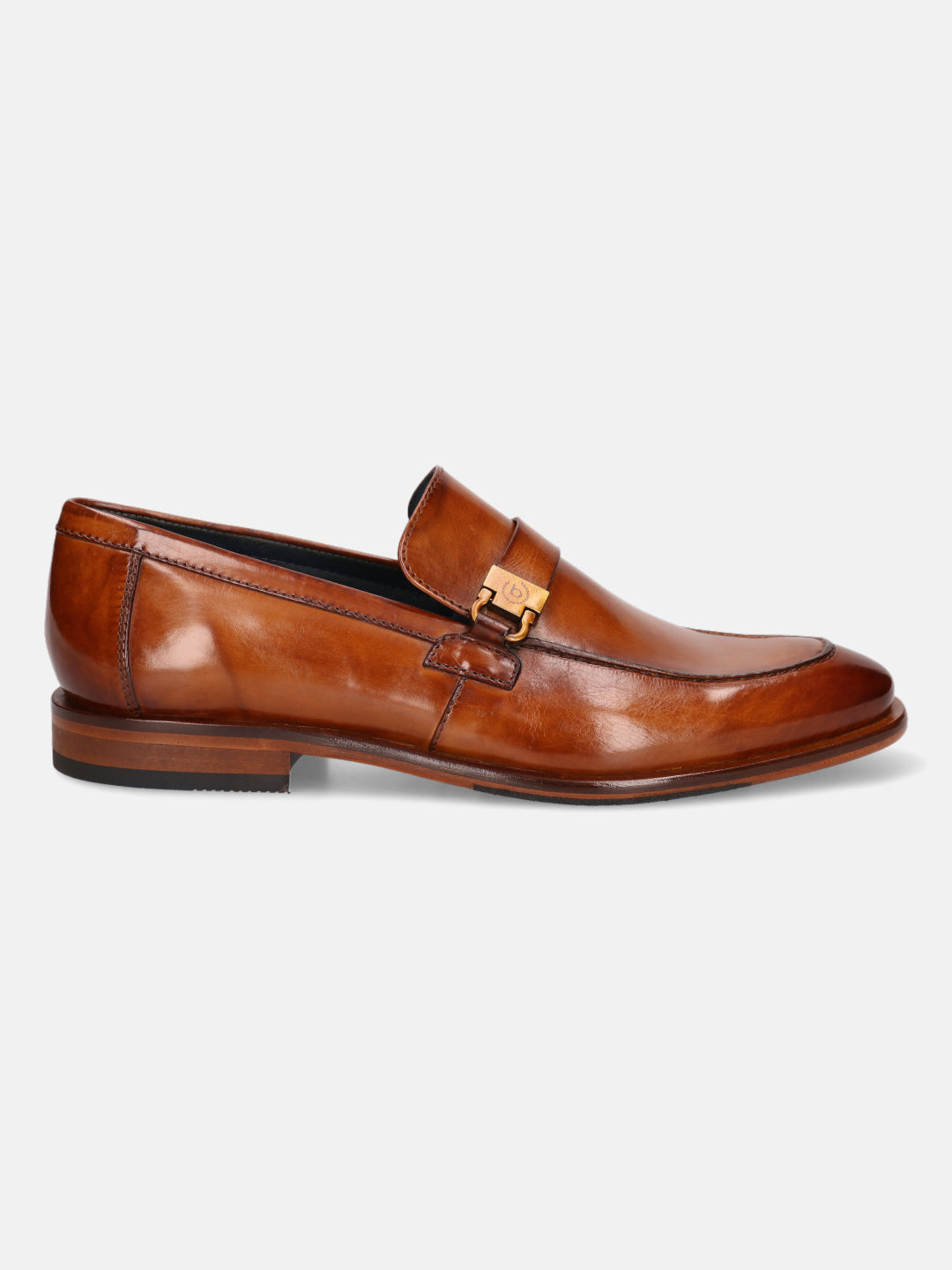 A cognac Men's bugatti Penny Loafer featuring a round plain toe, stacked heel. Made from premium genuine leather with a durable leather outsole, this slip-on design offers both style and comfort.