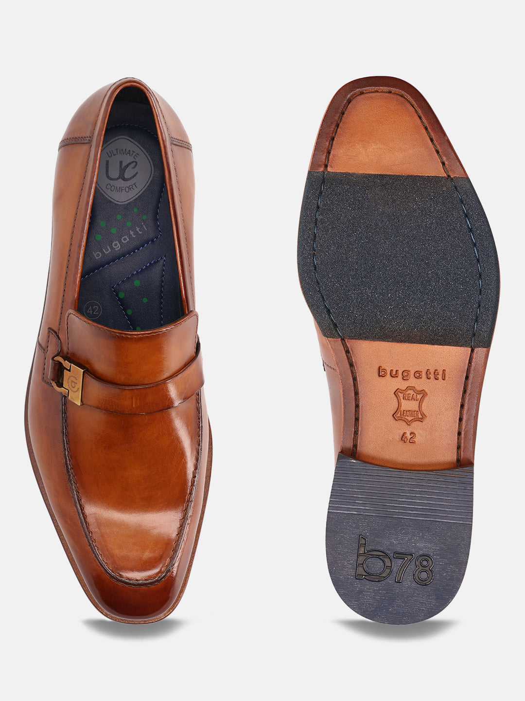 A cognac Men's bugatti Penny Loafer featuring a round plain toe, stacked heel. Made from premium genuine leather with a durable leather outsole, this slip-on design offers both style and comfort.