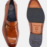 A cognac Men's bugatti Penny Loafer featuring a round plain toe, stacked heel. Made from premium genuine leather with a durable leather outsole, this slip-on design offers both style and comfort.