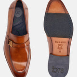 A cognac Men's bugatti Penny Loafer featuring a round plain toe, stacked heel. Made from premium genuine leather with a durable leather outsole, this slip-on design offers both style and comfort.
