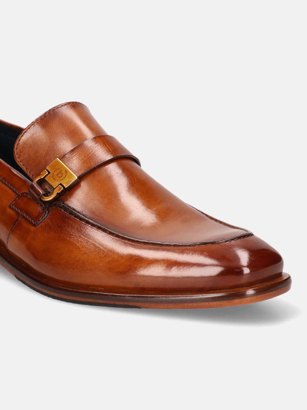 A cognac Men's bugatti Penny Loafer featuring a round plain toe, stacked heel. Made from premium genuine leather with a durable leather outsole, this slip-on design offers both style and comfort.