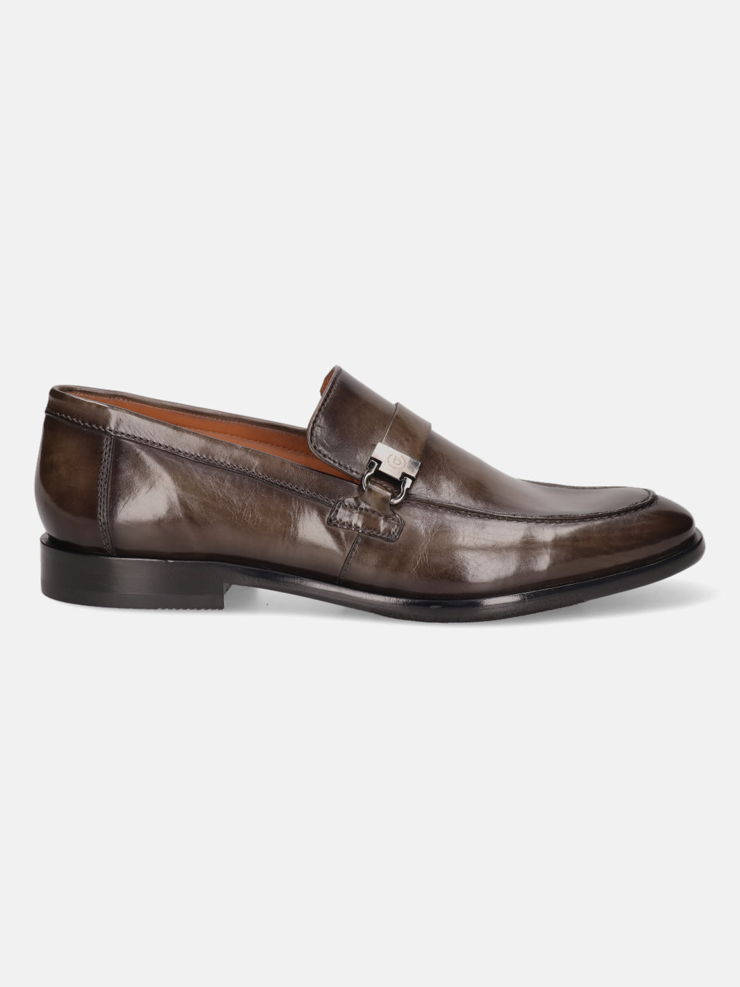 Dark green leather penny loafer by Bugatti, featuring a metal accent, and low heel, in a side view.