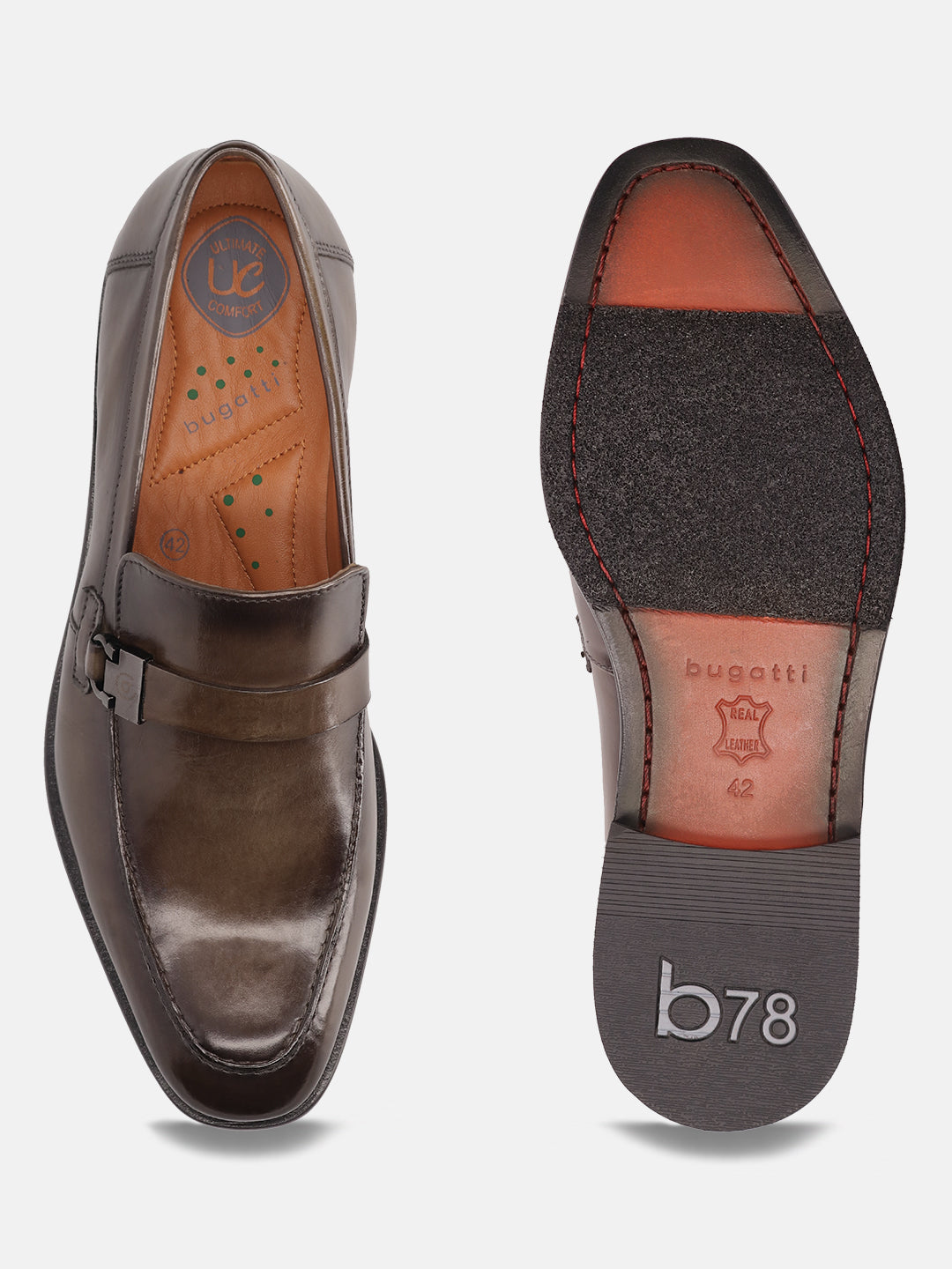 Dark green leather penny loafer by bugatti showing the insole and sole of the shoe.