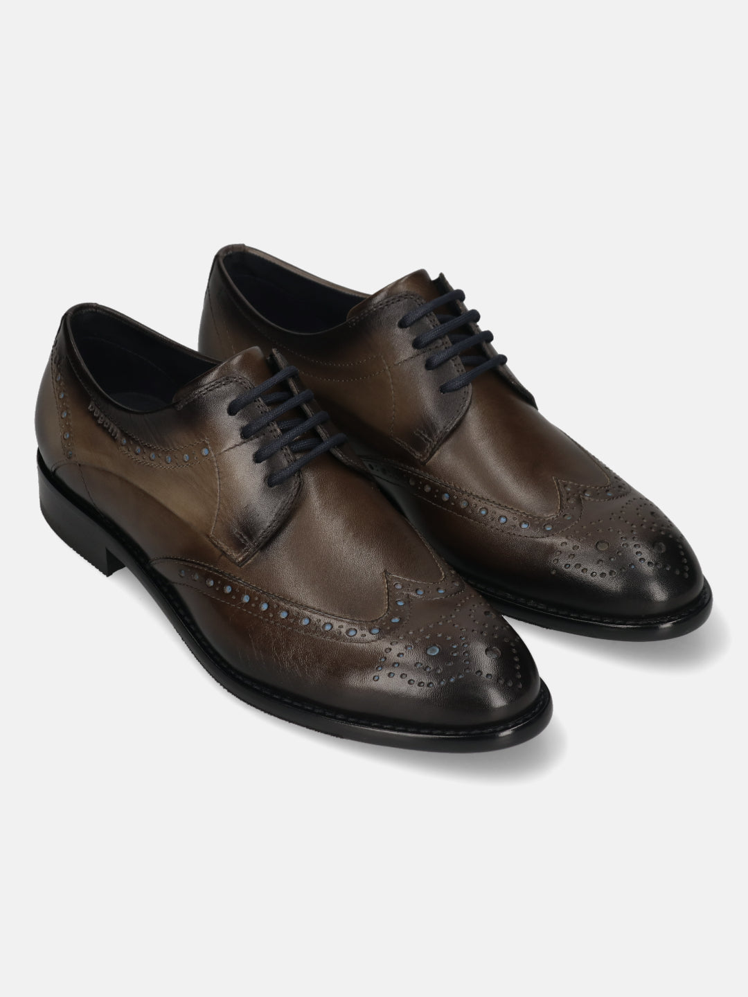 Men's Bugatti derby grey leather shoes with a round toe and wing tip featuring a stacked heel , a leather outsole , and laces fastening.