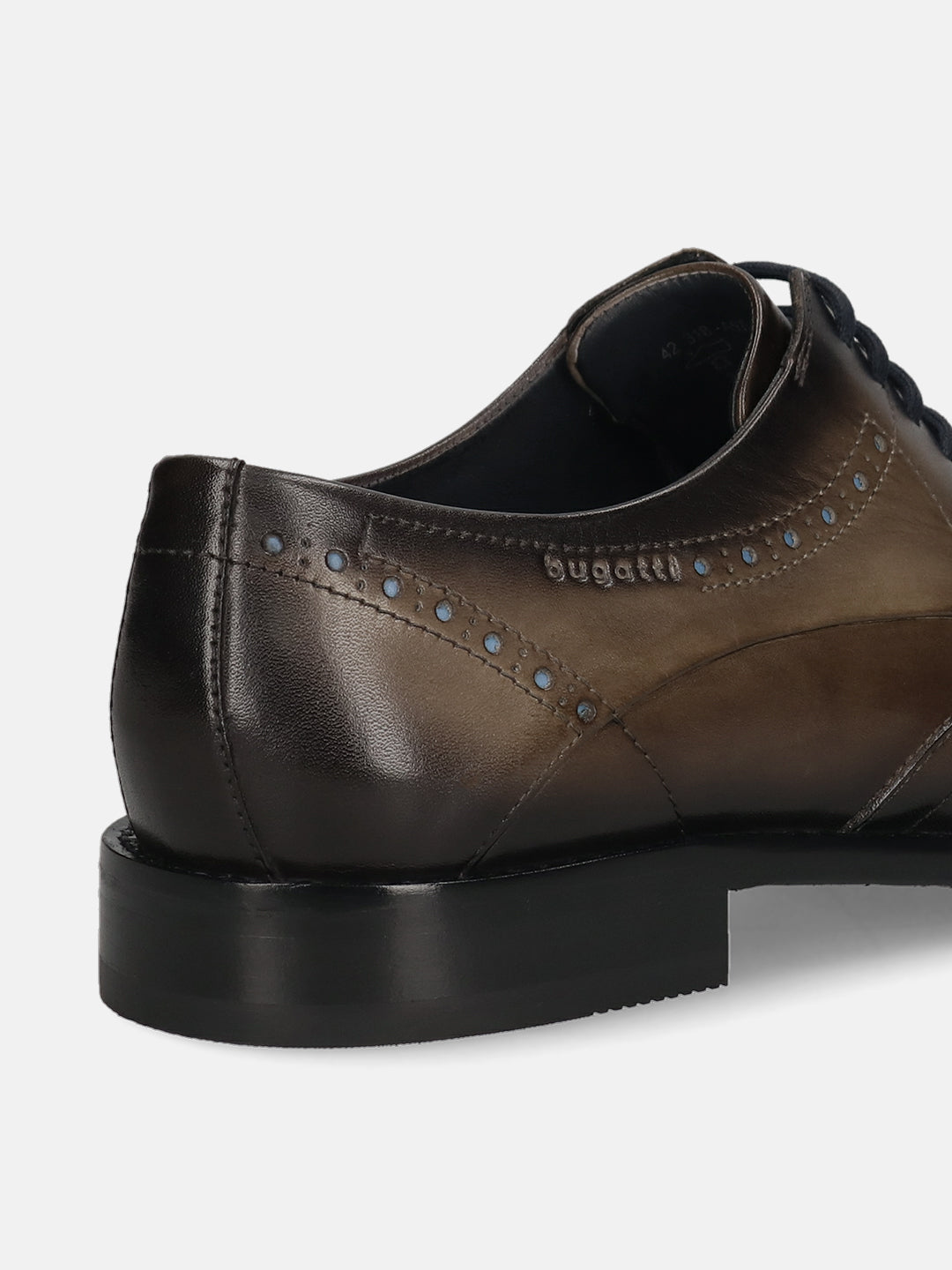 Men's Bugatti derby grey leather shoes with a round toe and wing tip featuring a stacked heel , a leather outsole , and laces fastening.