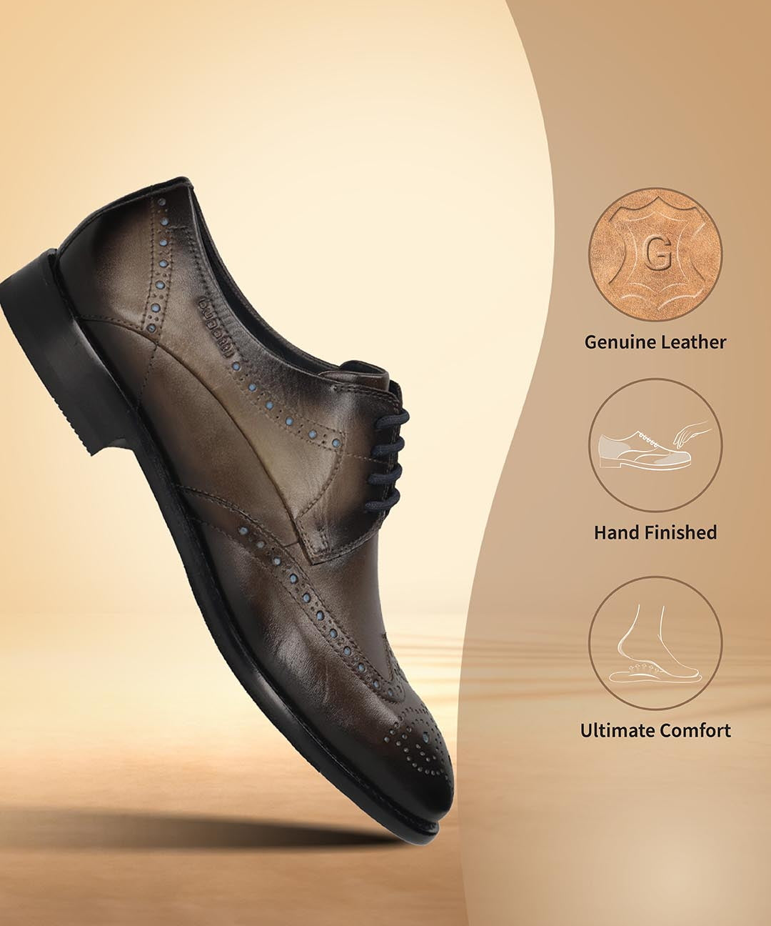 Men's Bugatti derby grey leather shoes with a round toe and wing tip featuring a stacked heel , a leather outsole , and laces fastening.