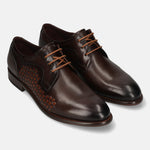 Men's Bugatti derby brown leather shoes with a round toe and plain toe featuring a stacked heel , a leather outsole , and laces fastening.
