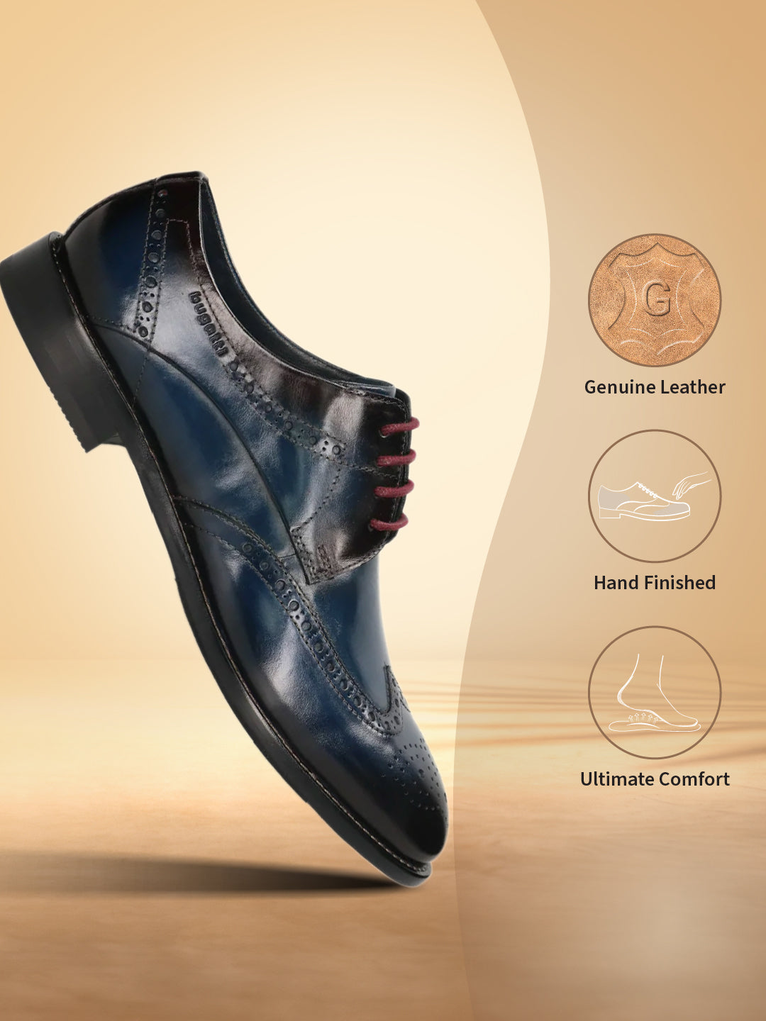 A blue Men's bugatti Derby featuring a round toe wing tip, stacked heel. Made from premium genuine leather with a durable leather outsole, this laces design offers both style and comfort.