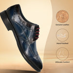 A blue Men's bugatti Derby featuring a round toe wing tip, stacked heel. Made from premium genuine leather with a durable leather outsole, this laces design offers both style and comfort.