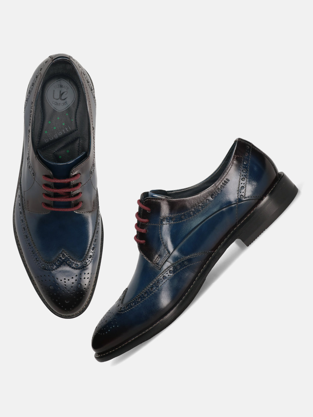 A blue Men's bugatti Derby featuring a round toe wing tip, stacked heel. Made from premium genuine leather with a durable leather outsole, this laces design offers both style and comfort.