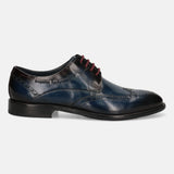 A blue Men's bugatti Derby featuring a round toe wing tip, stacked heel. Made from premium genuine leather with a durable leather outsole, this laces design offers both style and comfort.
