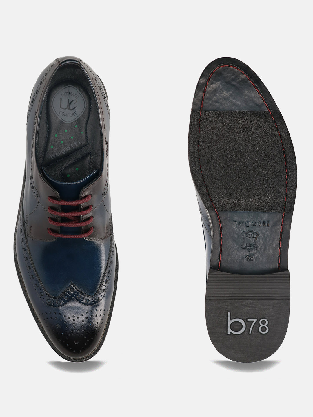 A blue Men's bugatti Derby featuring a round toe wing tip, stacked heel. Made from premium genuine leather with a durable leather outsole, this laces design offers both style and comfort.