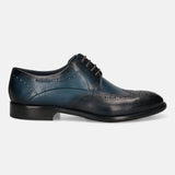 Men's Bugatti derby blue leather shoes with a round toe and wing tip featuring a stacked heel , a leather outsole , and laces fastening.