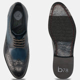 Men's Bugatti derby blue leather shoes with a round toe and wing tip featuring a stacked heel , a leather outsole , and laces fastening.