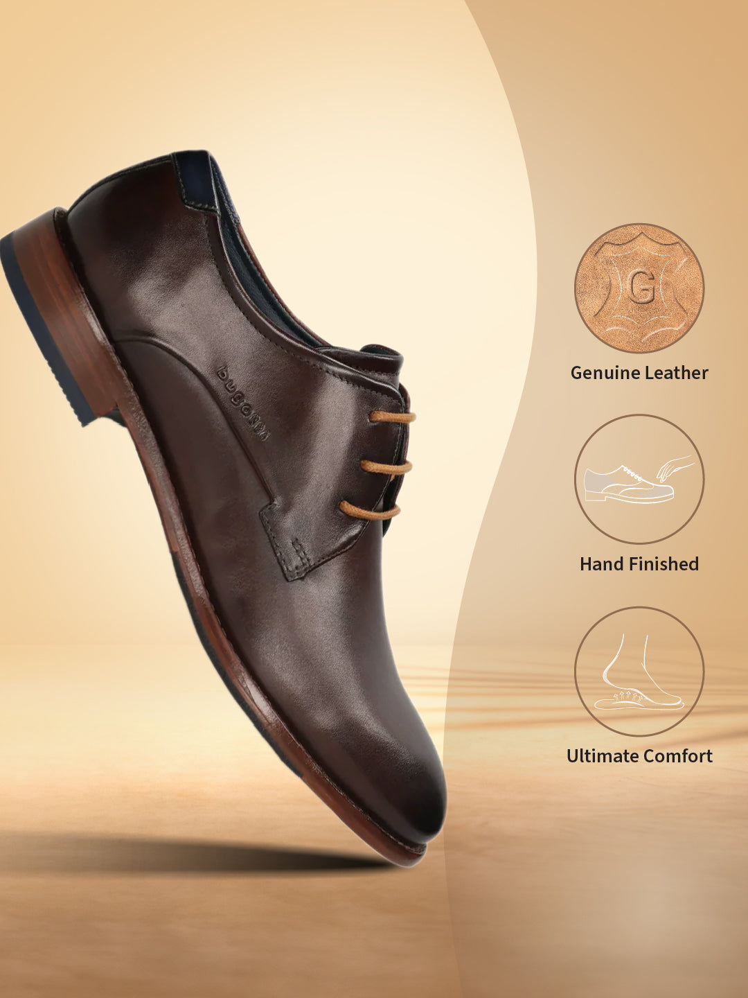 A brown Men's bugatti Derby featuring a round toe plain toe, stacked heel. Made from premium genuine leather with a durable leather outsole, this laces design offers both style and comfort.
