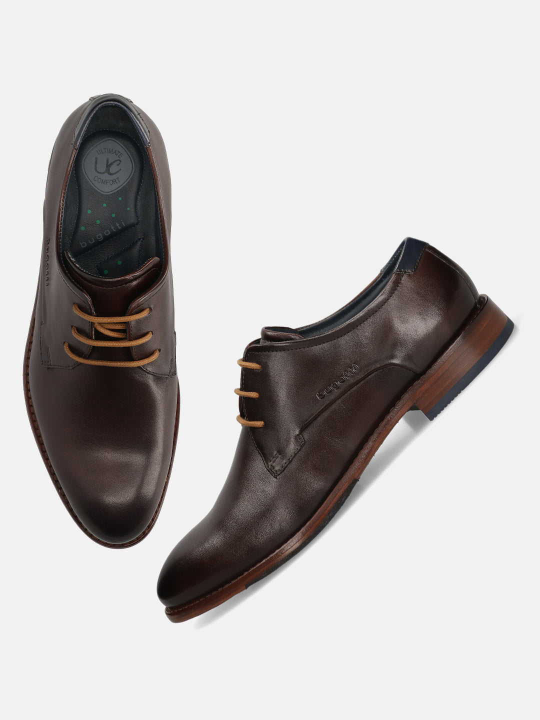 A brown Men's bugatti Derby featuring a round toe plain toe, stacked heel. Made from premium genuine leather with a durable leather outsole, this laces design offers both style and comfort.