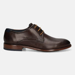 A brown Men's bugatti Derby featuring a round toe plain toe, stacked heel. Made from premium genuine leather with a durable leather outsole, this laces design offers both style and comfort.