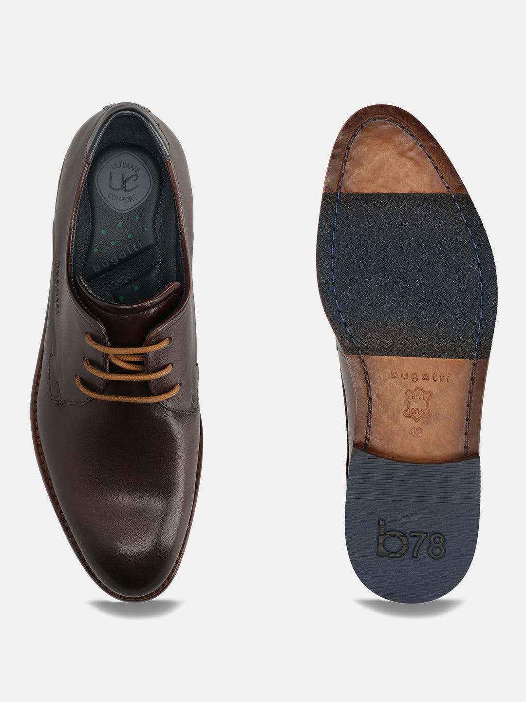 A brown Men's bugatti Derby featuring a round toe plain toe, stacked heel. Made from premium genuine leather with a durable leather outsole, this laces design offers both style and comfort.