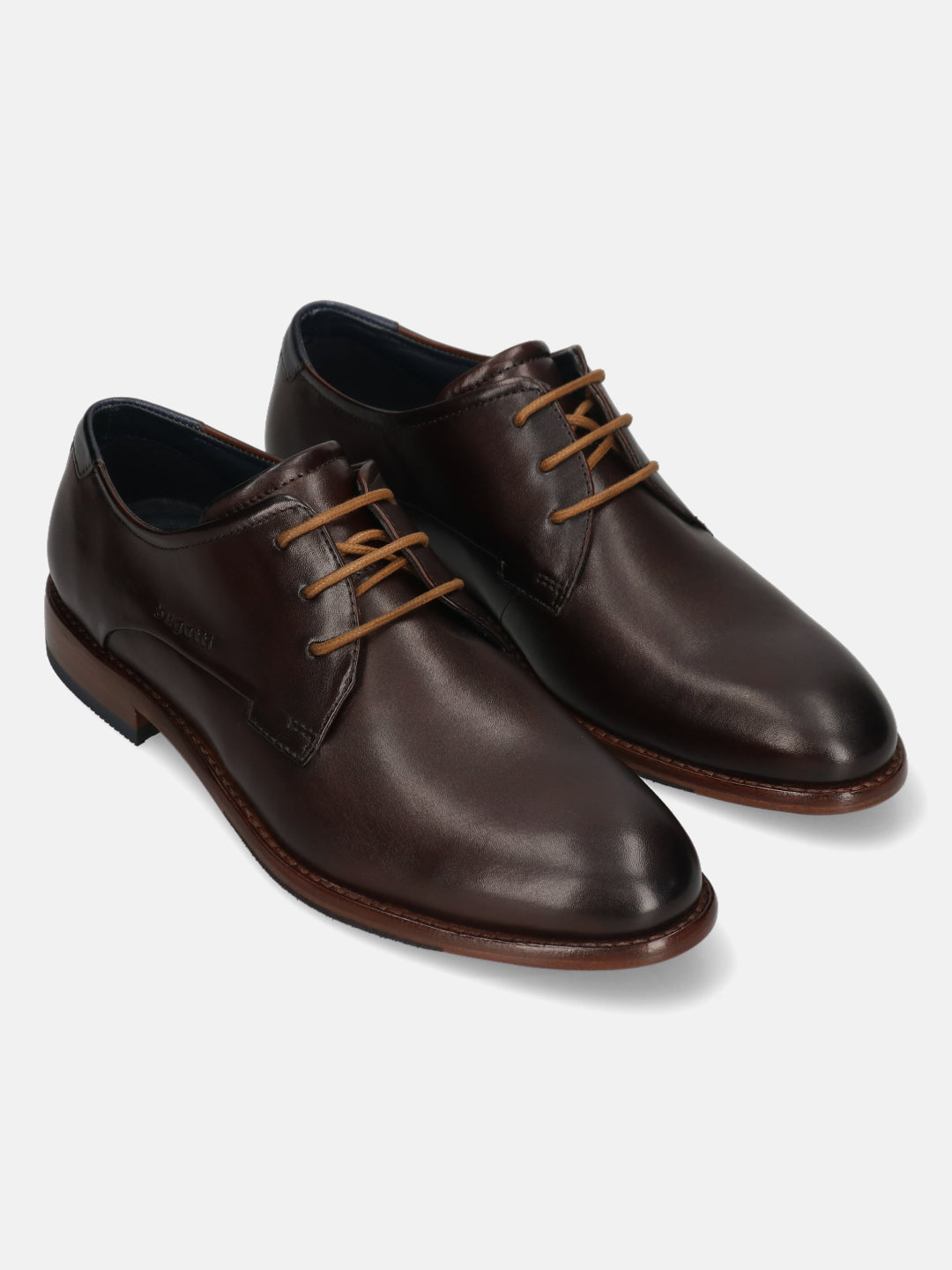 A brown Men's bugatti Derby featuring a round toe plain toe, stacked heel. Made from premium genuine leather with a durable leather outsole, this laces design offers both style and comfort.