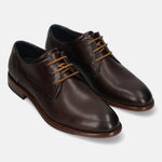 A brown Men's bugatti Derby featuring a round toe plain toe, stacked heel. Made from premium genuine leather with a durable leather outsole, this laces design offers both style and comfort.