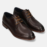 A brown Men's bugatti Derby featuring a round toe plain toe, stacked heel. Made from premium genuine leather with a durable leather outsole, this laces design offers both style and comfort.