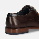 A brown Men's bugatti Derby featuring a round toe plain toe, stacked heel. Made from premium genuine leather with a durable leather outsole, this laces design offers both style and comfort.