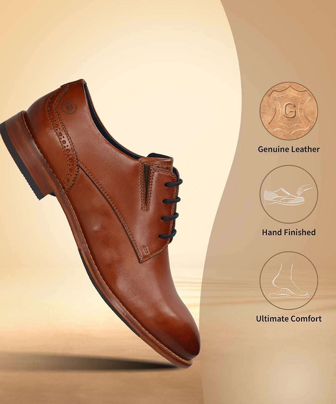 Men's Bugatti derby cognac leather shoes with a round toe and plain toe featuring a stacked heel , a leather outsole , and laces fastening.