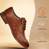 Men's Bugatti derby cognac leather shoes with a round toe and plain toe featuring a stacked heel , a leather outsole , and laces fastening.