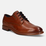 Men's Bugatti derby cognac leather shoes with a round toe and plain toe featuring a stacked heel , a leather outsole , and laces fastening.