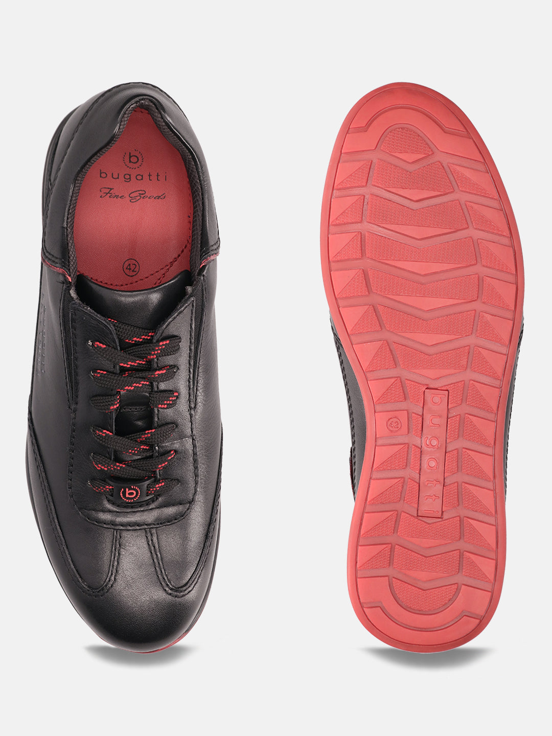 A black Men's bugatti Sneakers featuring a round plain toe, zero heels heel. Made from premium genuine leather with a durable tr outsole, this laces design offers both style and comfort.