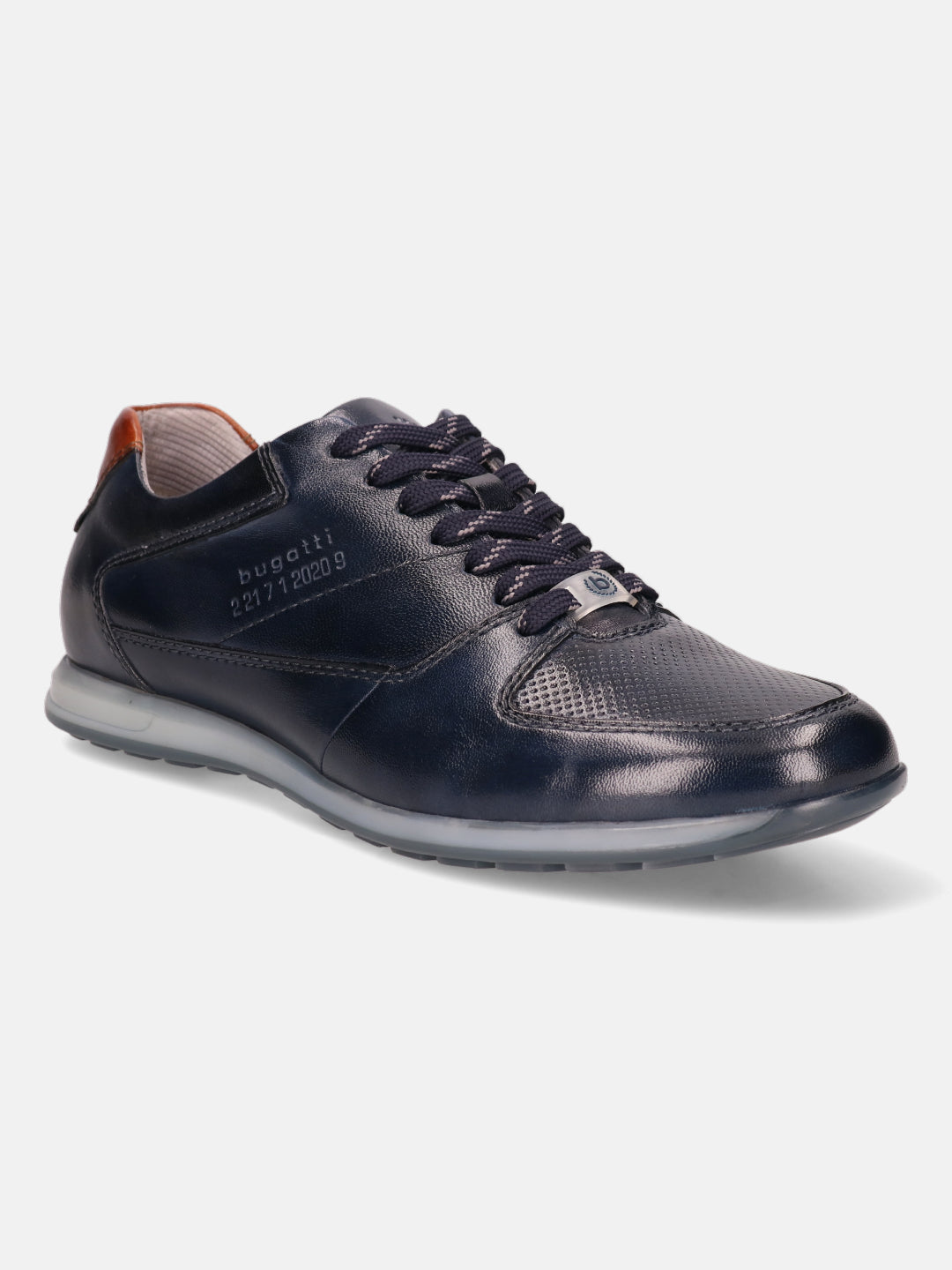 Dark blue leather sneaker by bugatti with brown heel detail and patterned laces.