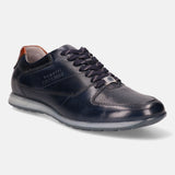 Dark blue leather sneaker by bugatti with brown heel detail and patterned laces.
