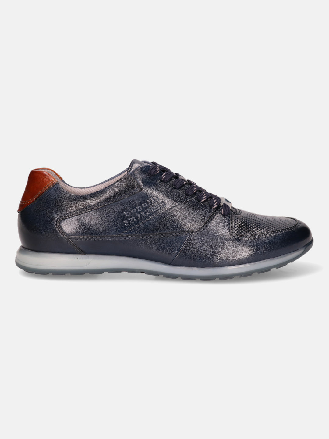 Dark blue leather sneaker by bugatti, featuring a brown heel accent and textured detailing.
