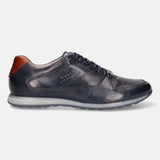 Dark blue leather sneaker by bugatti, featuring a brown heel accent and textured detailing.