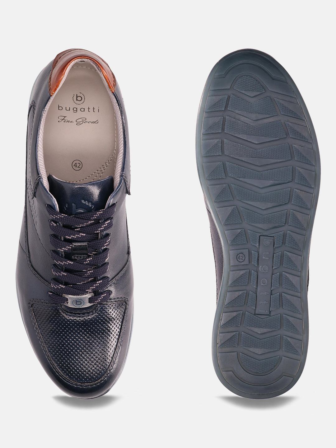 Dark blue leather sneakers by Bugatti with perforated toe detail and patterned laces.
