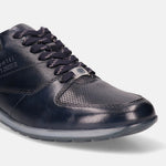Dark blue leather sneaker by bugatti with patterned laces and perforated leather detail