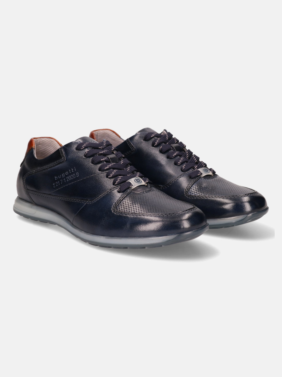 Dark blue leather sneakers by bugatti with dotted texture, matching laces, and light gray soles.