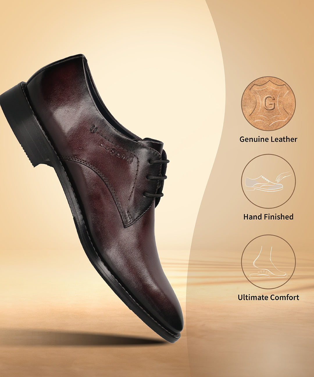 Men's Bugatti derby red leather shoes with a pointed toe and plain toe featuring a stacked heel , a leather outsole , and laces fastening.