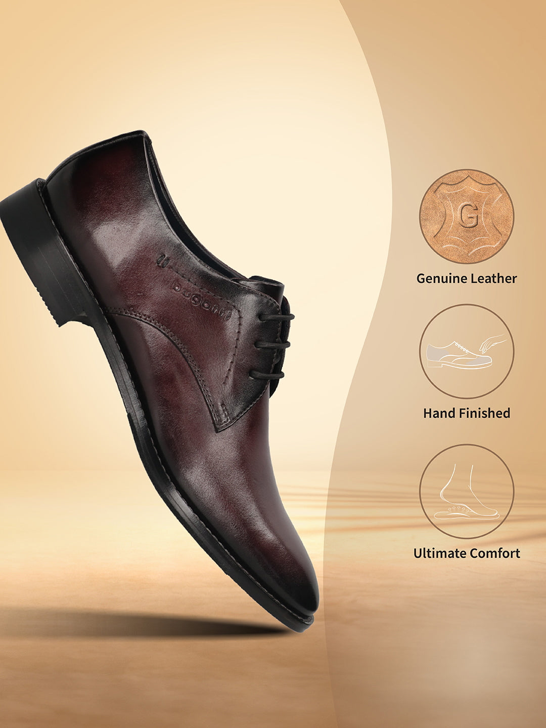Men's Bugatti derby red leather shoes with a pointed toe and plain toe featuring a stacked heel , a leather outsole , and laces fastening.