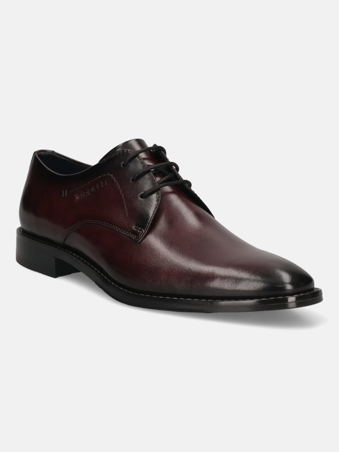 Men's Bugatti derby red leather shoes with a pointed toe and plain toe featuring a stacked heel , a leather outsole , and laces fastening.