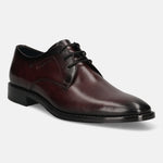 Men's Bugatti derby red leather shoes with a pointed toe and plain toe featuring a stacked heel , a leather outsole , and laces fastening.