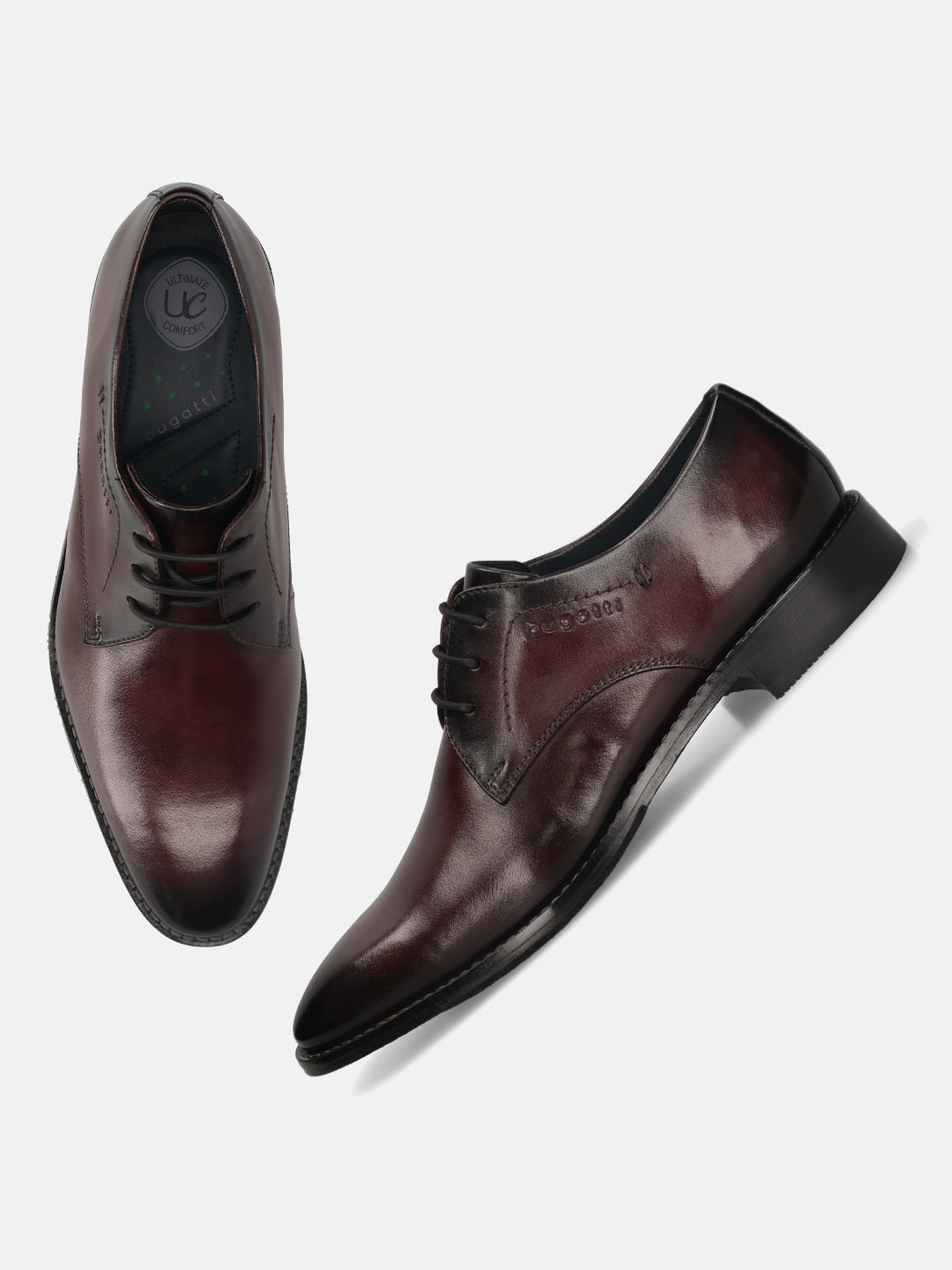 Men's Bugatti derby red leather shoes with a pointed toe and plain toe featuring a stacked heel , a leather outsole , and laces fastening.