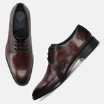 Men's Bugatti derby red leather shoes with a pointed toe and plain toe featuring a stacked heel , a leather outsole , and laces fastening.