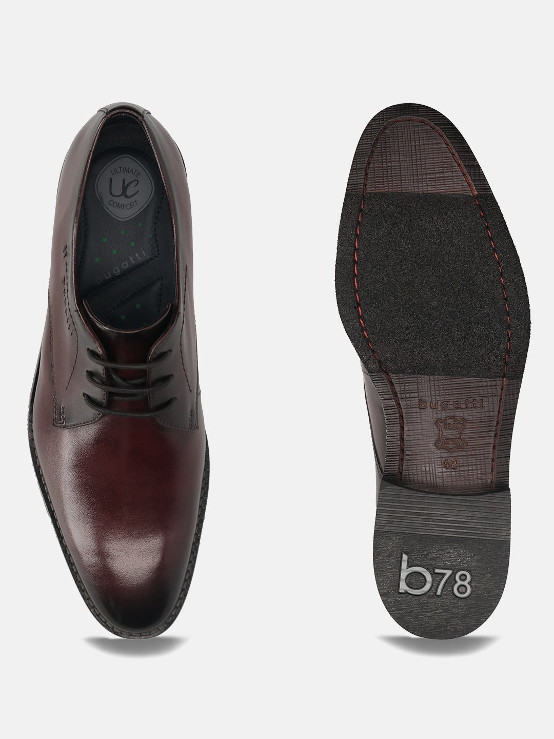 Men's Bugatti derby red leather shoes with a pointed toe and plain toe featuring a stacked heel , a leather outsole , and laces fastening.