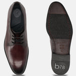 Men's Bugatti derby red leather shoes with a pointed toe and plain toe featuring a stacked heel , a leather outsole , and laces fastening.